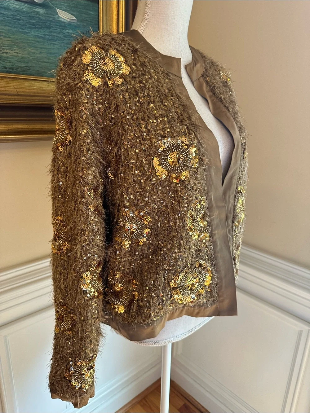 ZARA Brown Gold Fur Sequin Beaded Collarless Jacket